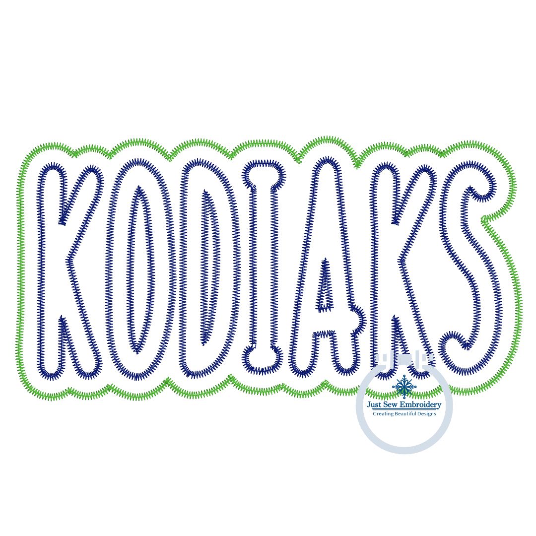 Kodiaks Applique Embroidery Two Layer Zigzag Script Design Machine Embroidery Four Sizes 5x7, 6x10, 8x8, 8x12 Hoop