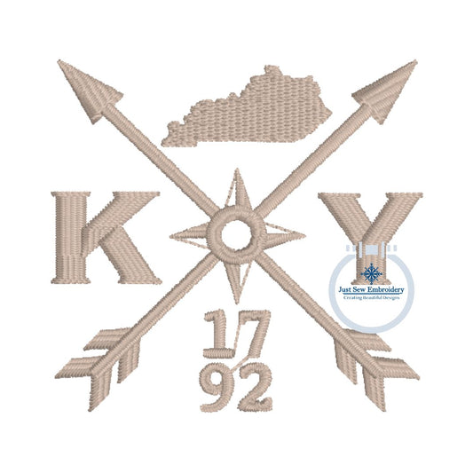 Kentucky KY 1792 Arrow Embroidery Design Left Chest Hat 4x4, 8x12 Kentucky Compass Machine Embroidery