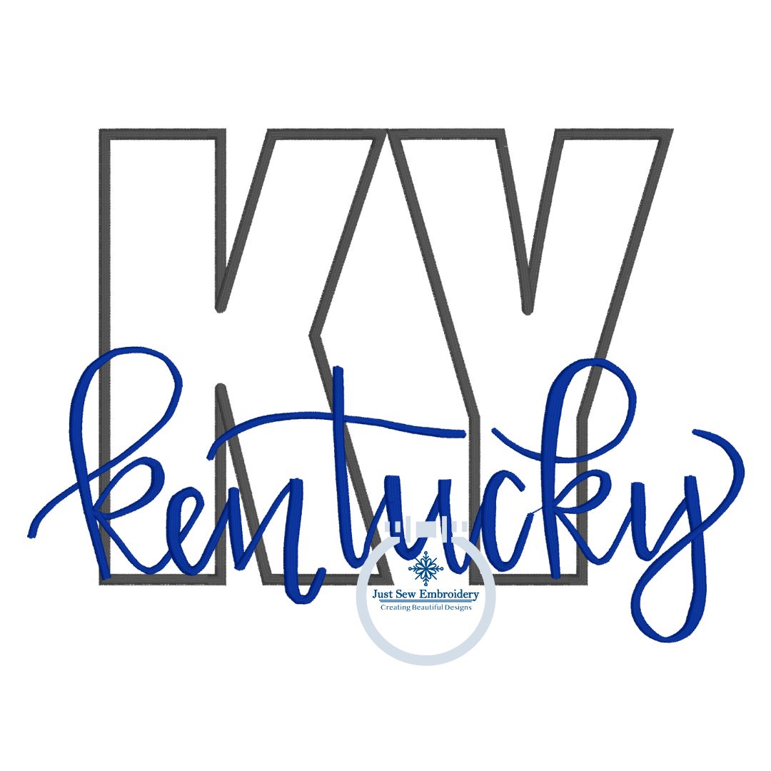 KY with Kentucky Script Overlap Applique Embroidery Three Sizes 5x7, 6x10, and 8x12, 3 Finishing Stitches: Bean, Satin, and Diamond stitch