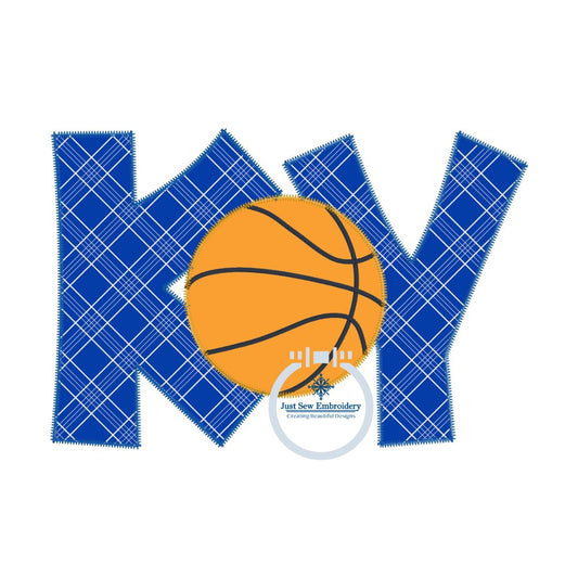 KY with Basketball Applique Embroidery 5x7, 8x8, 6x10, and 8x12 Zigzag Edge Stitch Quick Stitch Kentucky