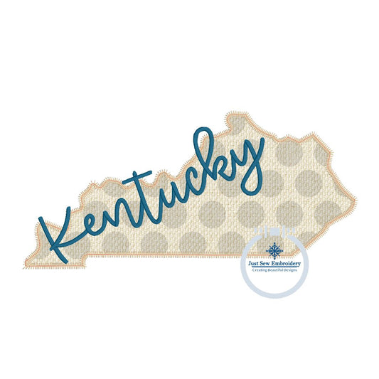 KY State Applique Embroidery with Kentucky Script Overlap Zigzag Stitch Three Sizes for 6x10, 8x8, and 8x12 Hoop