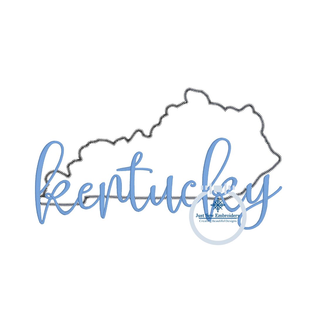 KY State Applique Embroidery with Kentucky Script Overlap Zigzag Stitch Four Sizes for 5x7, 8x8, 6x10, and 8x12 hoops