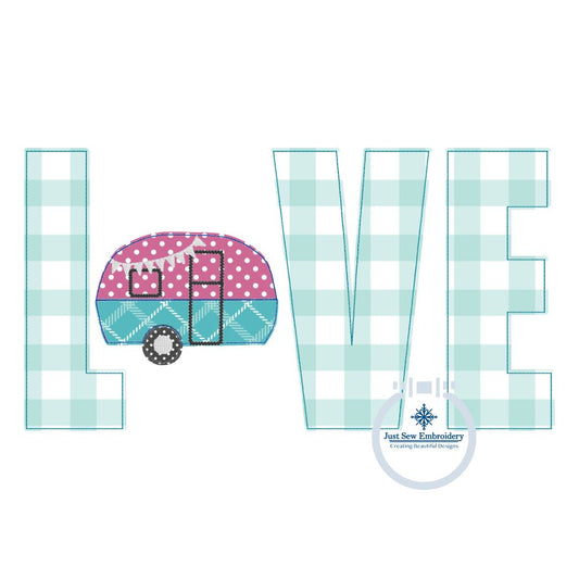 LOVE Camper Camping Raggy Applique Machine Embroidery Design One Size 8x12