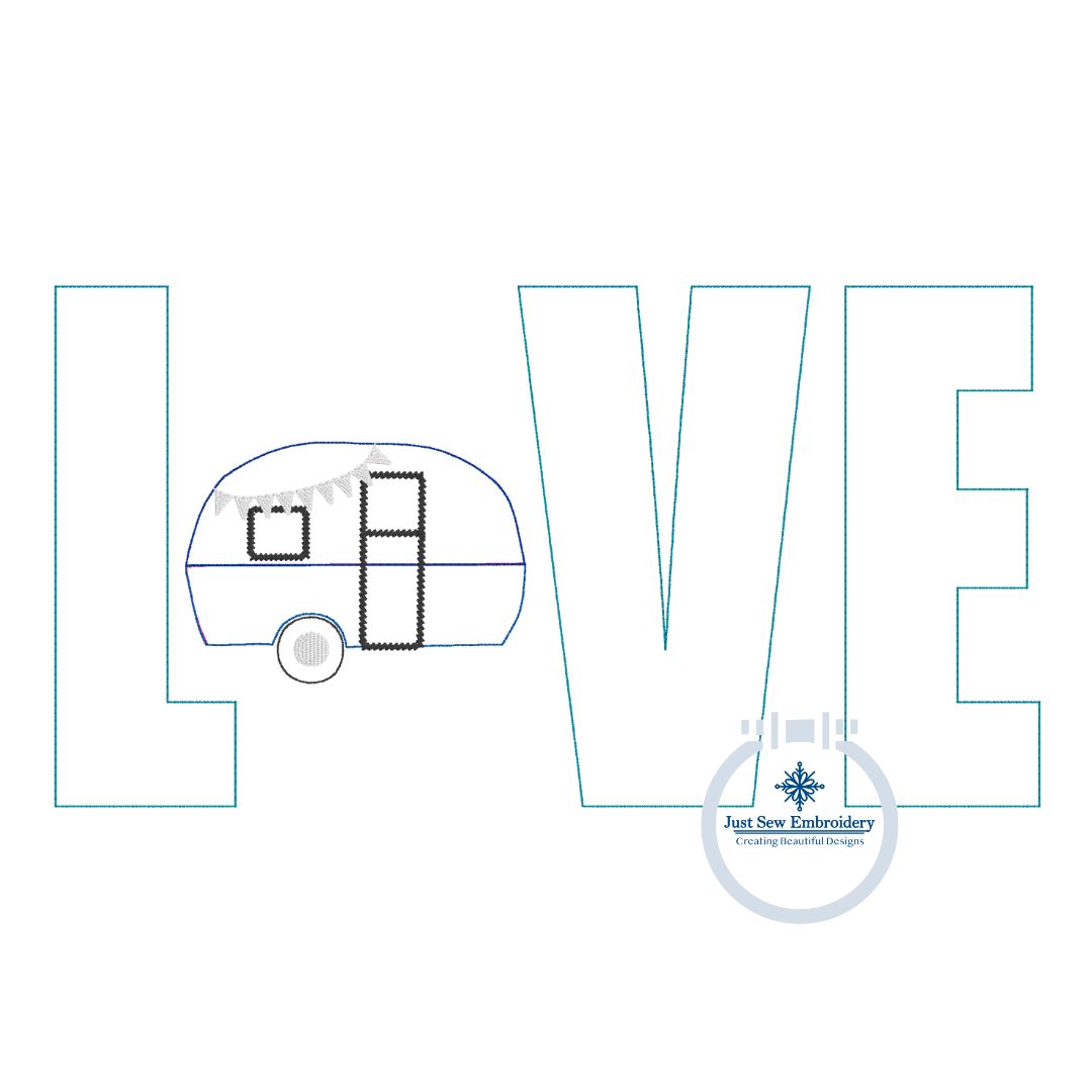 LOVE Camper Camping Raggy Applique Machine Embroidery Design One Size 8x12