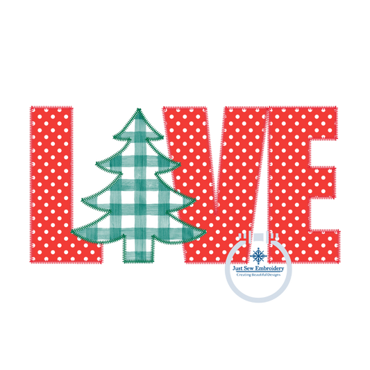LOVE Christmas Tree Applique Machine Embroidery Design with ZigZag Edge Stitch 8x12 Hoop