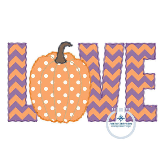 LOVE Pumpkin Zigzag Applique Machine Embroidery Design 8x12 Hoop Fall
