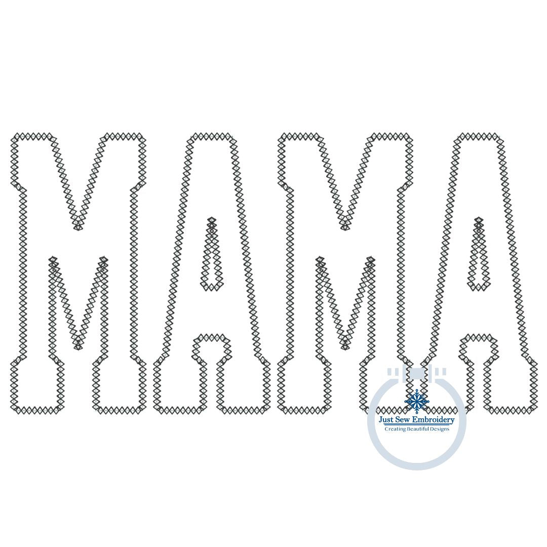 MAMA Diamond Stitch Applique Embroidery Machine Design Varsity Font Mother's Day Gift Five Sizes 5x7, 8x8, 9x9, 6x10, and 7x12 Hoop