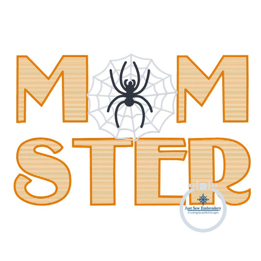 Momster Spider Embroidery Design Sketch Fill Font With Satin Stitch Spider and Web in Four Sizes 5x7, 8x8, 6x10, 8x12 Hoop Fall Halloween