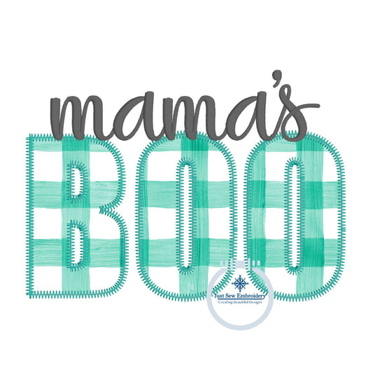 Mama's BOO Applique with Satin Script Embroidery Design Zigzag Stitch Three Size 4 Inches, 5.5 Inches, and 7 Inches Wide