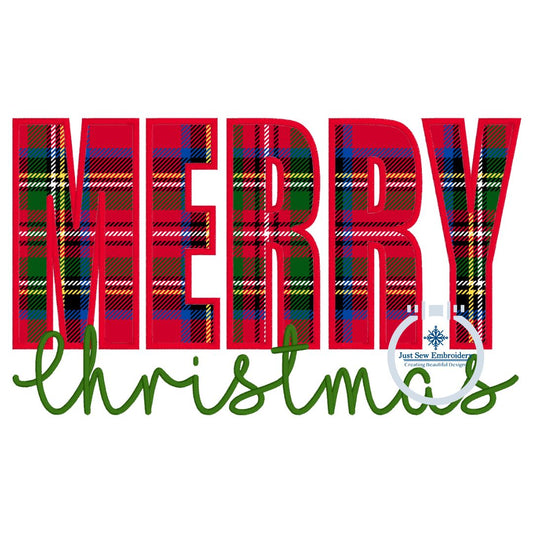 Merry Christmas Applique Machine Embroidery Design with Satin Edge Stitch and Satin Script Four Sizes 5x7, 8x8, 6x10, 7x12 Hoop