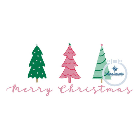 Merry Christmas Script with Tree Trio Machine Embroidery Design 8x12 Hoop