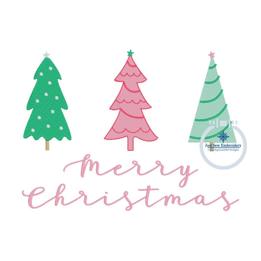 Merry Christmas Script with Tree Trio Machine Embroidery Design Four Sizes 5x7, 8x8, 6x10, and 8x12 Hoop