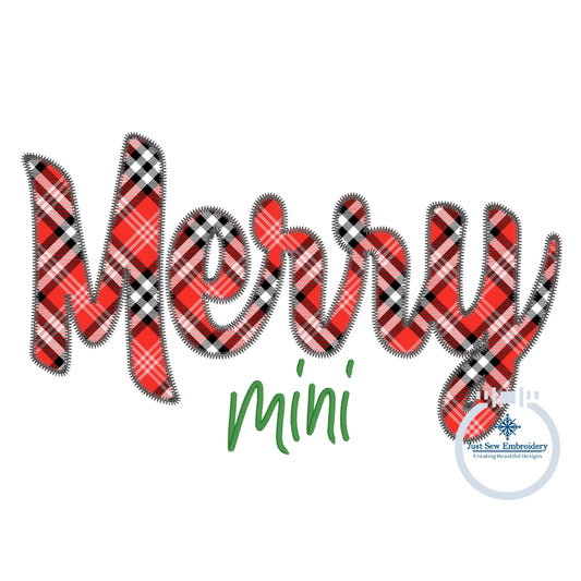 Merry Mini Applique Machine Embroidery Design with Zigzag Finishing Stitch and Satin Script Four Sizes 5x7, 8x8, 6x10, 8x12 Hoop