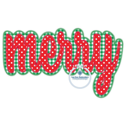 Merry Two Layer Christmas Applique Embroidery Design with Zigzag Finishing Stitch Four Sizes 5x7, 8x8, 6x10, 8x12 Hoop