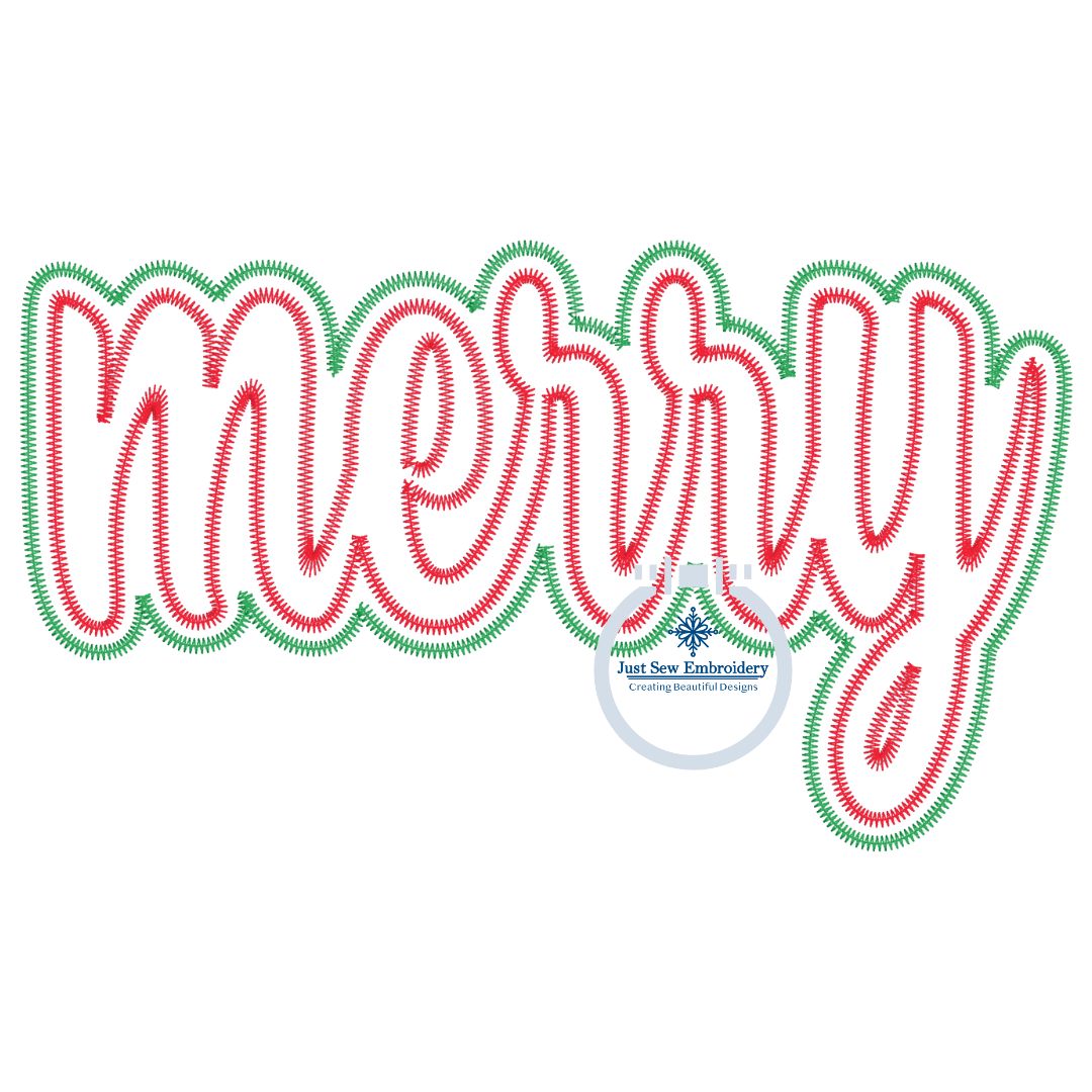 Merry Two Layer Christmas Applique Embroidery Design with Zigzag Finishing Stitch Four Sizes 5x7, 8x8, 6x10, 8x12 Hoop