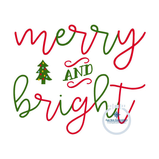 Merry and Bright Christmas Tree Machine Embroidery Design Satin Stitch 8x12 Hoop