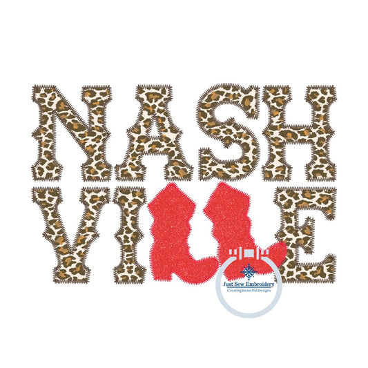 Nashville Cowboy Boot Design with Zigzag Edge Stitch Applique Embroidery in Three Sizes 8x8, 6x10, and 8x12 Hoop