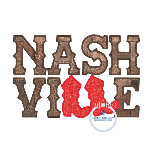 Nashville Cowboy Boot Applique Embroidery Design with Satin Edge Stitch in Four Sizes 5x7, 8x8, 6x10, and 8x12 Hoop