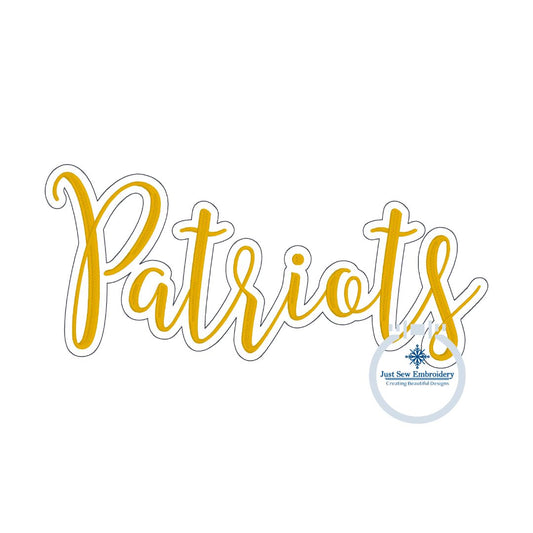PATRIOTS Embroidery Design Satin Script with Bean Outline Four Sizes 5x7, 6x10, 7x12, 8x12 Hoops