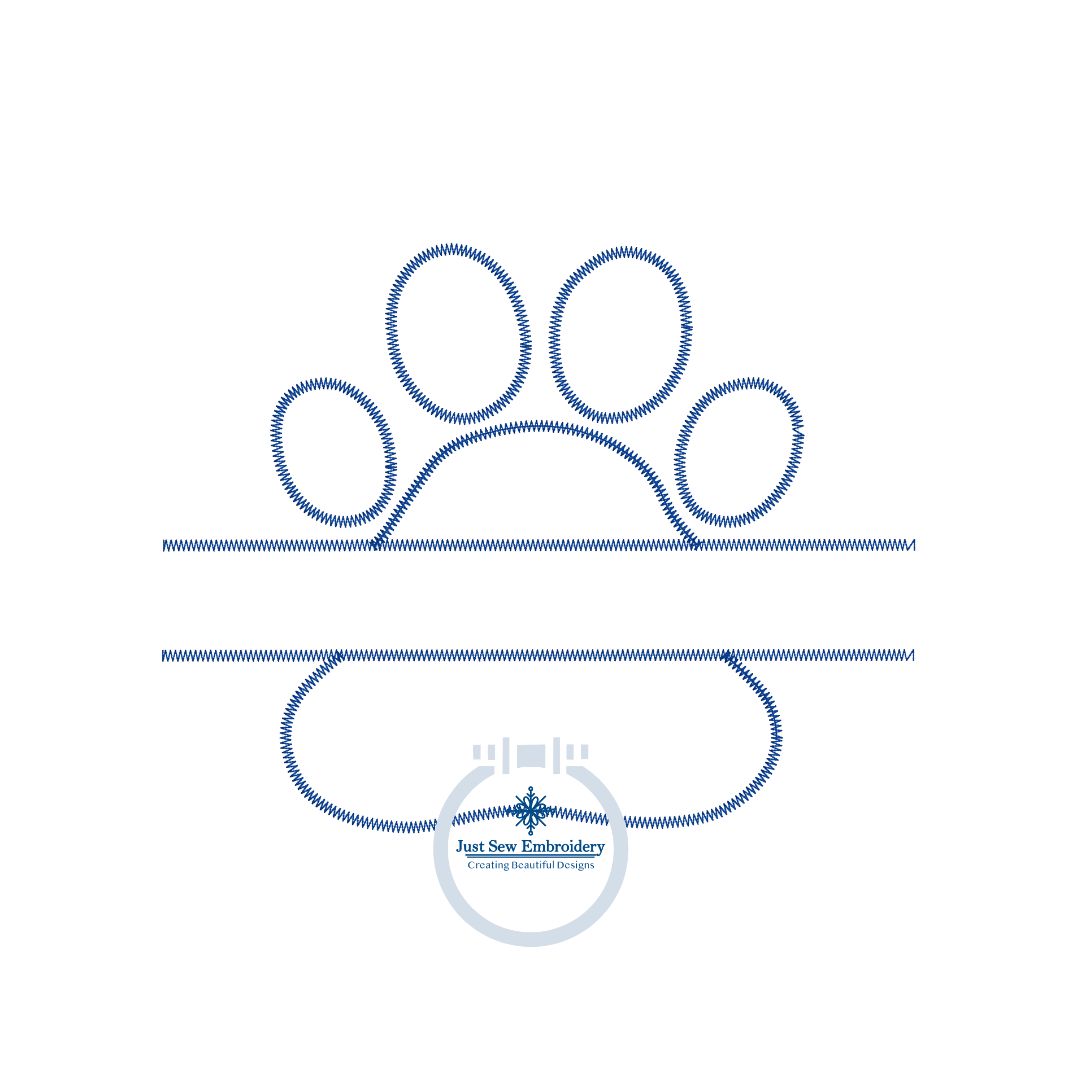 Paw Print Applique Embroidery Split Design Satin and Zigzag Edge Stitch Five Sizes 5x7, 8x8, 6x10, 7x12, and 8x12 does NOT INCLUDE FONT