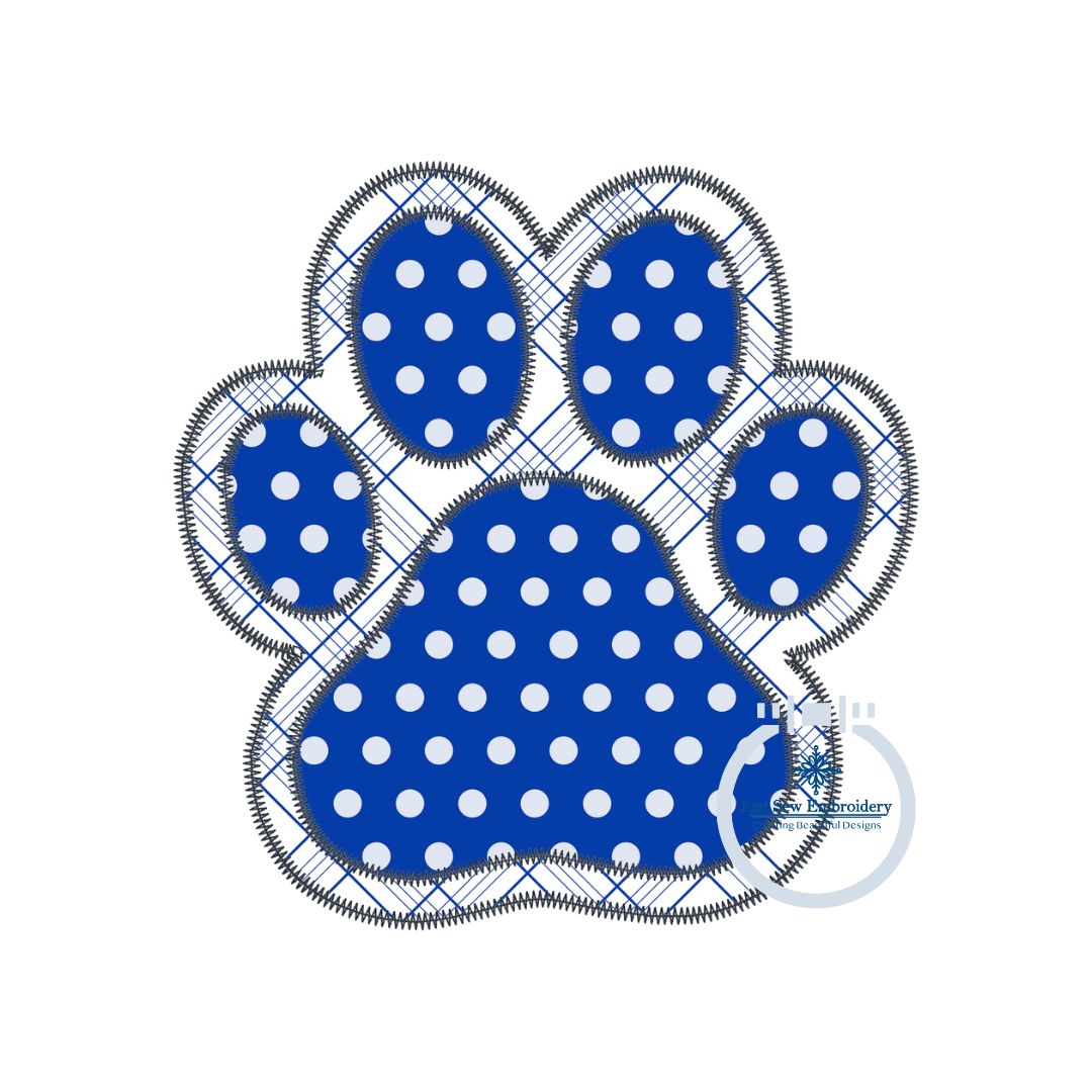 Paw Print Applique Embroidery Design Two Layer Zigzag Edge Stitch Five Sizes 4 inch, 5 inch, 6 inch, 7 inch, and 8 inch