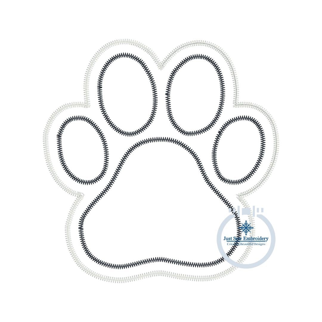 Paw Print Applique Embroidery Design Two Layer Zigzag Edge Stitch Five Sizes 4 inch, 5 inch, 6 inch, 7 inch, and 8 inch