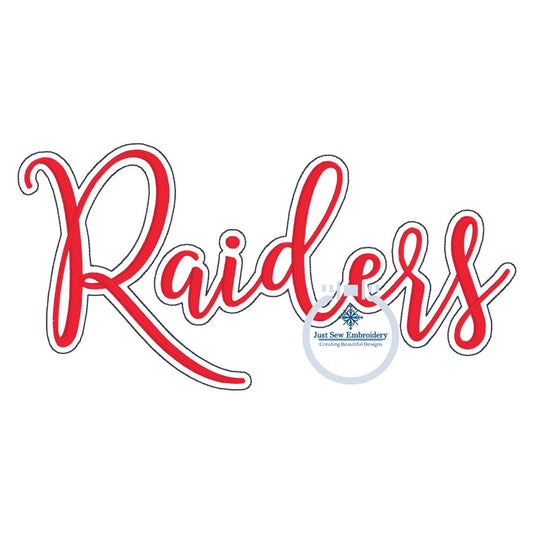 Raiders Embroidered Script Satin Stitch with Bean Stitch Outline Design Four Sizes 5x7, 8x8, 6x10, and 8x12 Hoop