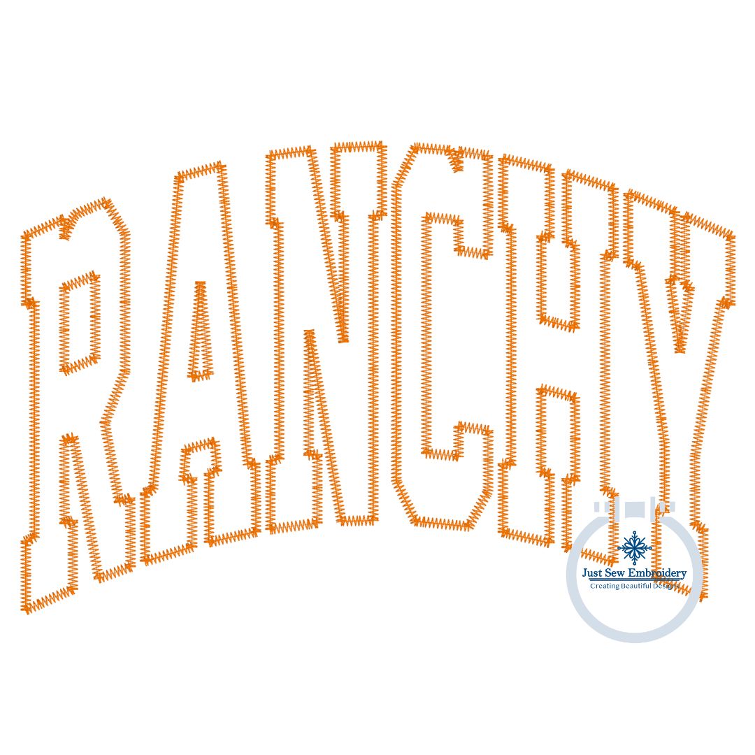RANCHY Applique Embroidery Arched Design Academic Font ZigZag Edge Stitch in Five Sizes 5x7, 6x10, 8x8, and 7x12, 8x12 Hoop