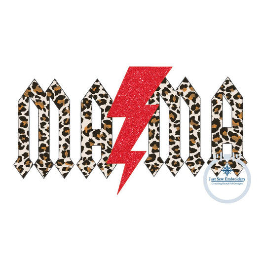 Rocker Mama Applique Embroidery Design Raggy Bean Stitch Edge Lightning Bolt Three Sizes 8x8, 6x10, and 8x12 Hoop