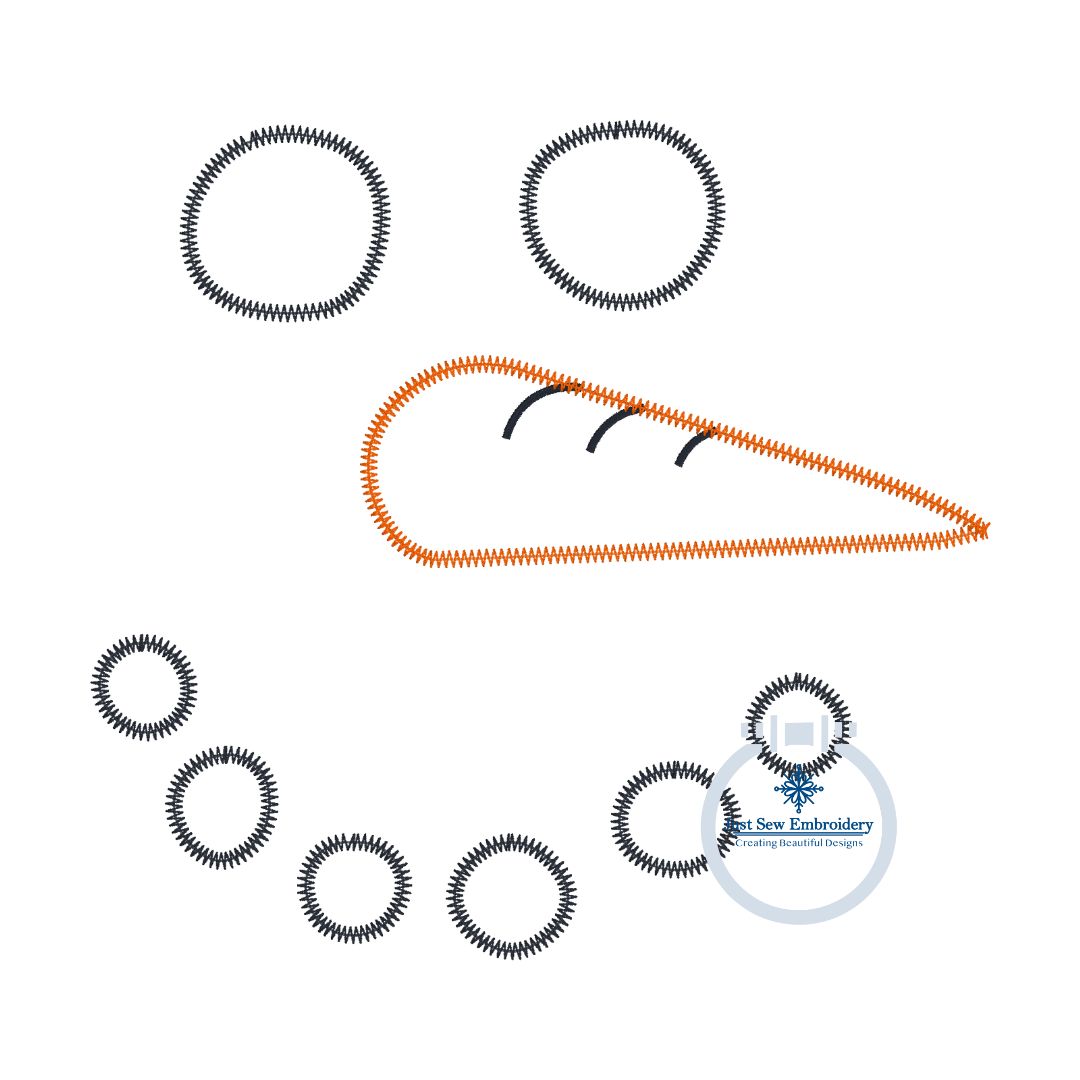 Snowman Face Applique Embroidery Design Four Sizes with 3 Edge Stitches Raggy (Bean), ZigZag, and Satin 5x7, 6x10, 8x8, 8x12 Hoop