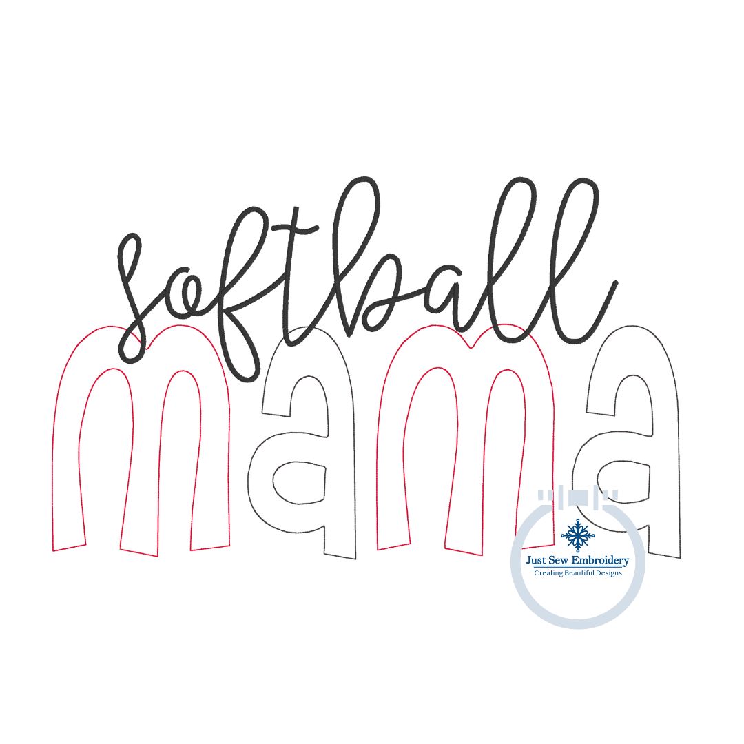 Softball MAMA Raggy and Zigzag Applique Machine Embroidery Design Two Sizes 6x10 Hoop and 8x12 Hoop