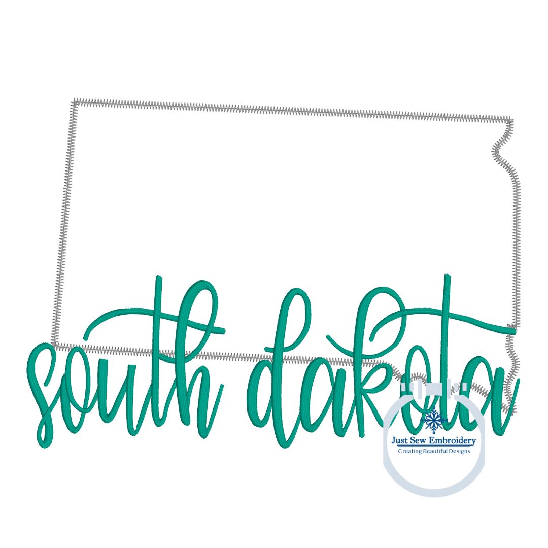 SD South Dakota State Applique ZigZag Stitch with Script Overlap Embroidery Design 8x12 Hoop