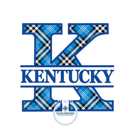 Split K Applique Embroidery in Satin Edge UK University of Kentucky State KY Seven Sizes 4, 5, 6, 7, 8, 9, and 10 inches high