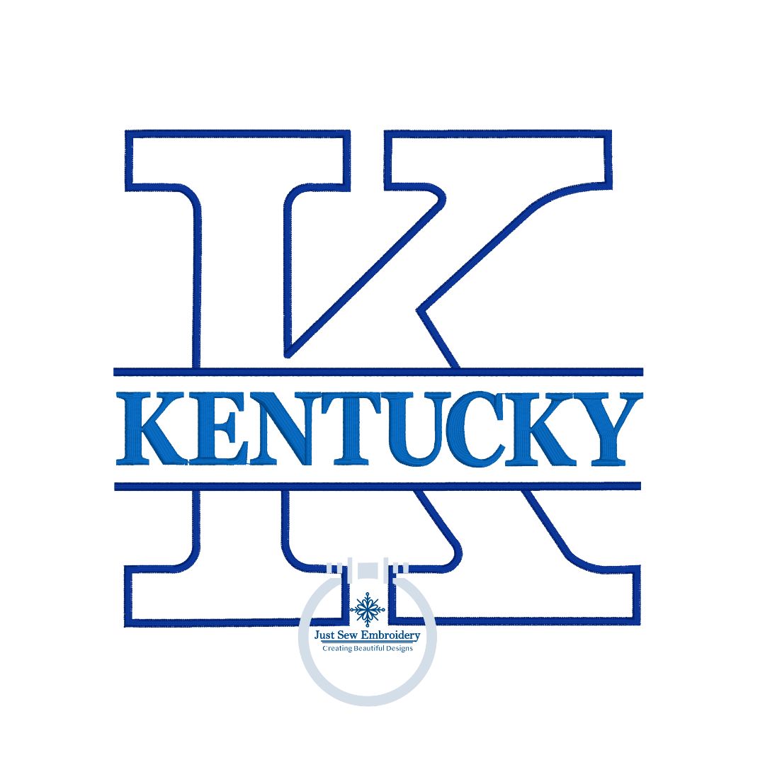 Split K Applique Embroidery in Satin Edge UK University of Kentucky State KY Seven Sizes 4, 5, 6, 7, 8, 9, and 10 inches high