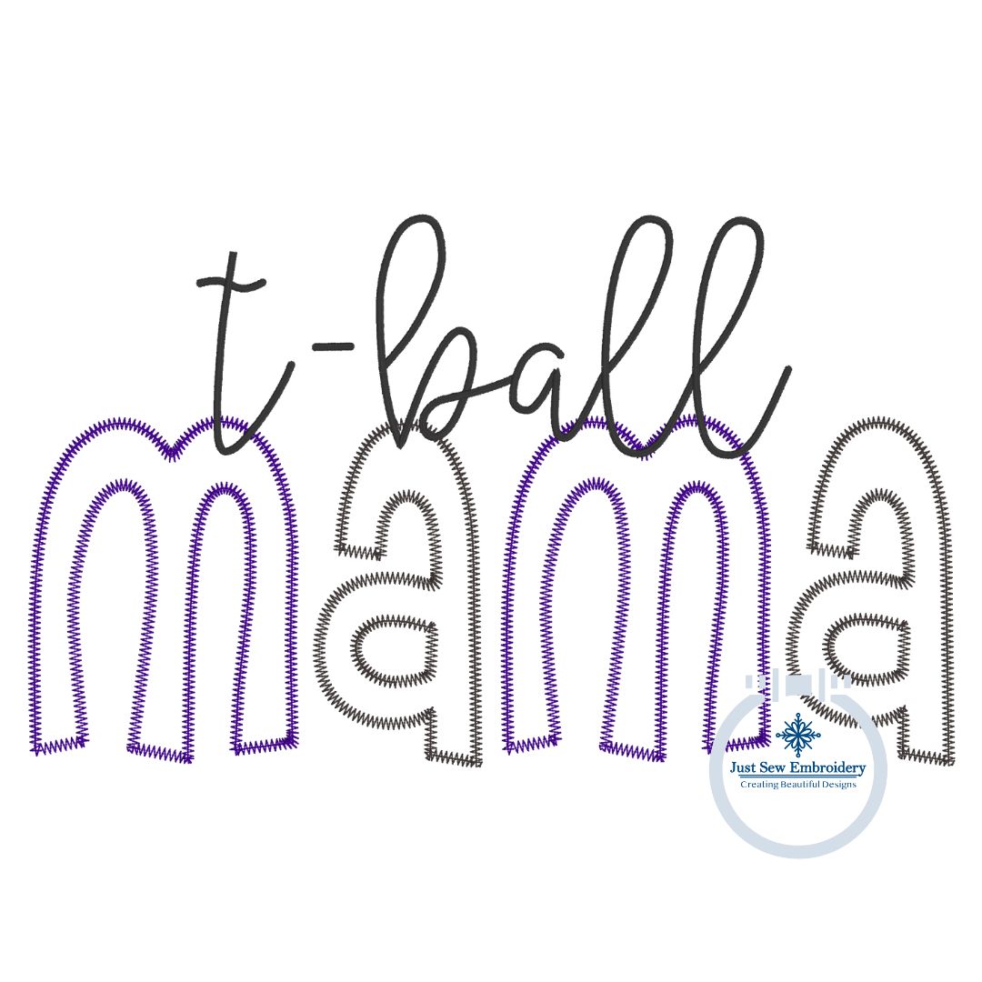 T-ball MAMA Raggy and Zigzag Applique Machine Embroidery Design Two Sizes 6x10 Hoop and 8x12 Hoop