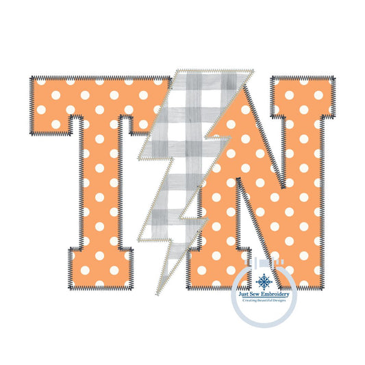 TN Tennessee Applique Embroidery Lightning Bolt Zigzag Stitch Three Sizes 5x7, 6x10, and 8x12 Hoop