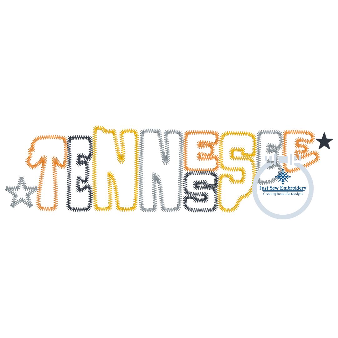 Tennessee Applique Embroidery State Shaped Letters Zigzag Stitch Two Sizes 6x10 and 7x12 Hoop