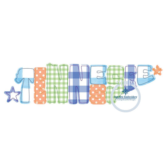Tennessee Applique Embroidery State Shaped Letters Raggy Bean Stitch Four Sizes 5x7, 8x8, 6x10, and 7x12 Hoop