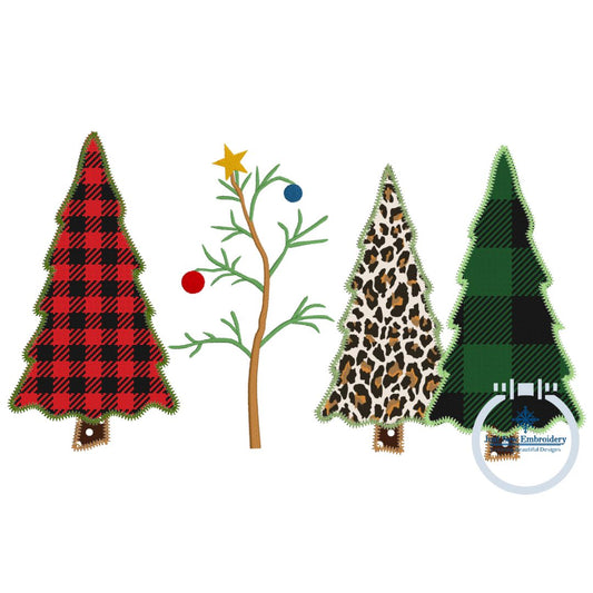 Christmas Tree Trio Applique with Stick Tree Embroidery Design Embroidered Charlie Brown Tree Three Sizes 8x8, 6x10, 8x12 Hoop
