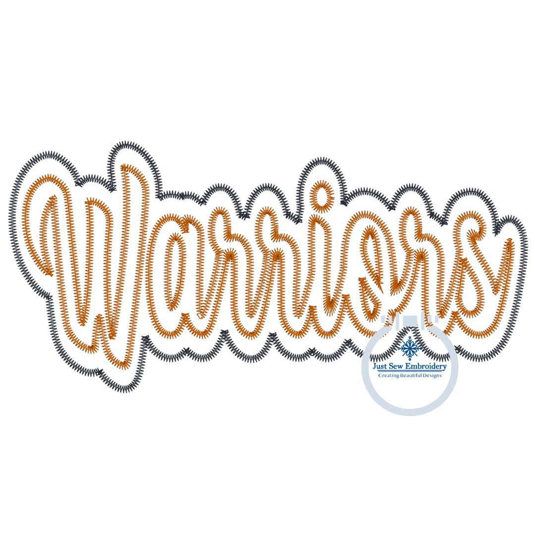 Warriors Applique Embroidery Two Layer Zigzag Script Design Machine Embroidery Three Sizes 6x10, 8x8, 8x12 Hoop