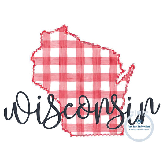 Wisconsin State Applique Embroidery with Satin Script Overlap Zigzag Applique Stitch Three Sizes 8x8, 6x10, and 8x12 Hoop