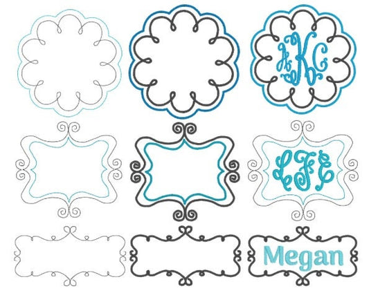 Monogram Frames Whimsical Embroidery 4x4 Name Borders 3 Designs 2 Stitch Styles Total 6 Designs
