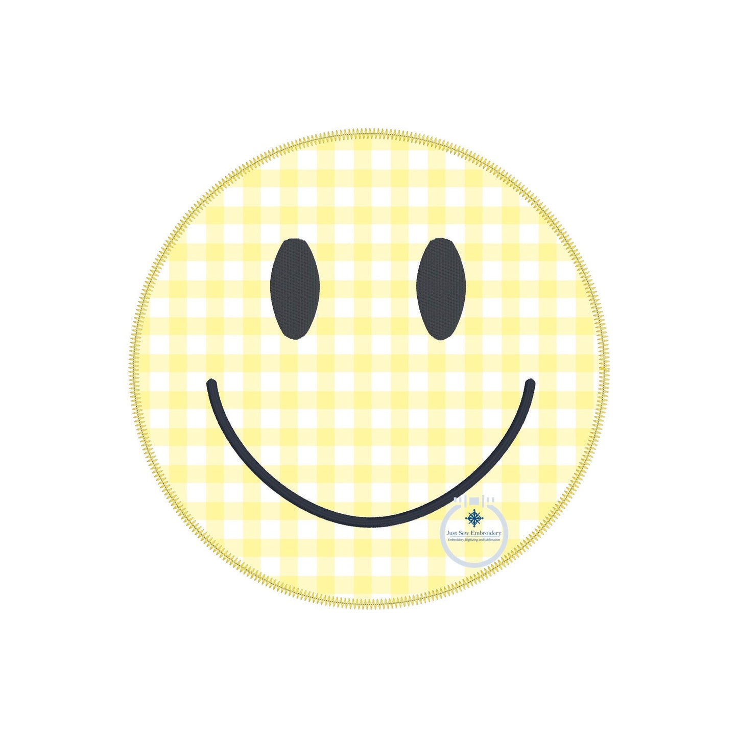 Applique Embroidery Smiley Face Design with Zigzag and Raggy Edge Stitch in Four Sizes 4", 5", 6", and 8".