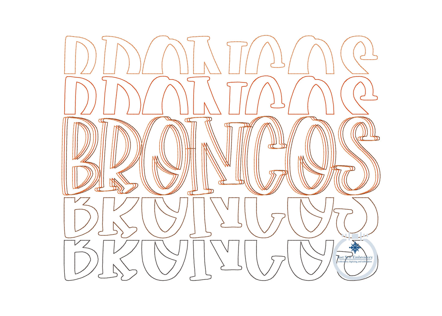 Broncos Embroidered Bean Stitch Repeat Design Five Sizes 4x4, 5x7, 8x8, 6x10, and 8x12 Hoop