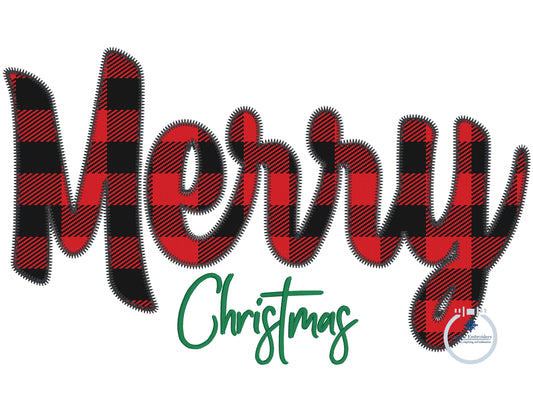 Merry Christmas Applique Machine Embroidery Design with Zigzag Finishing Stitch and Satin Script 8x12 Hoop