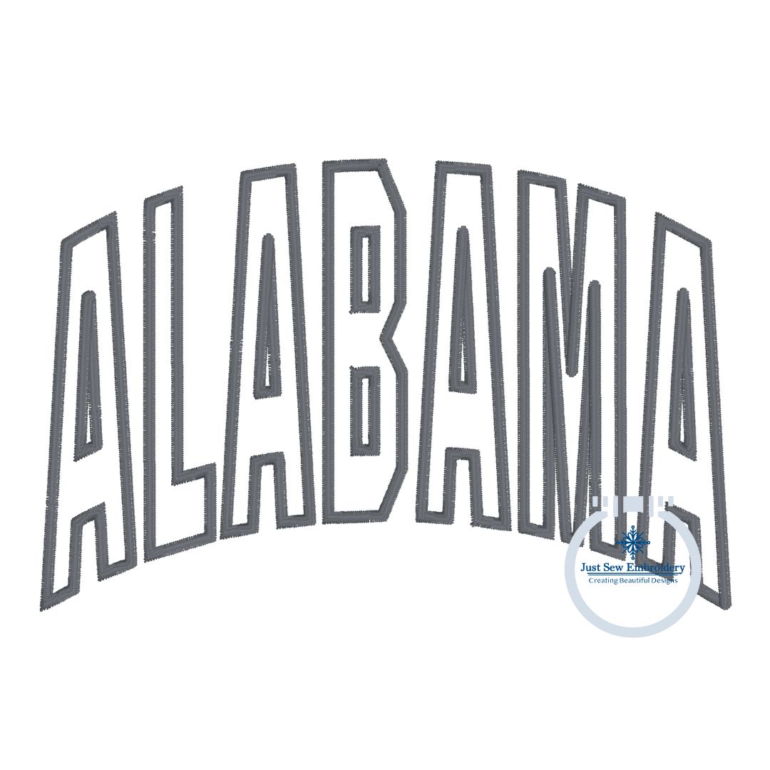 Alabama Arched Satin Applique Embroidery Design Three Sizes 8x8, 6x10, 8x12 Hoop