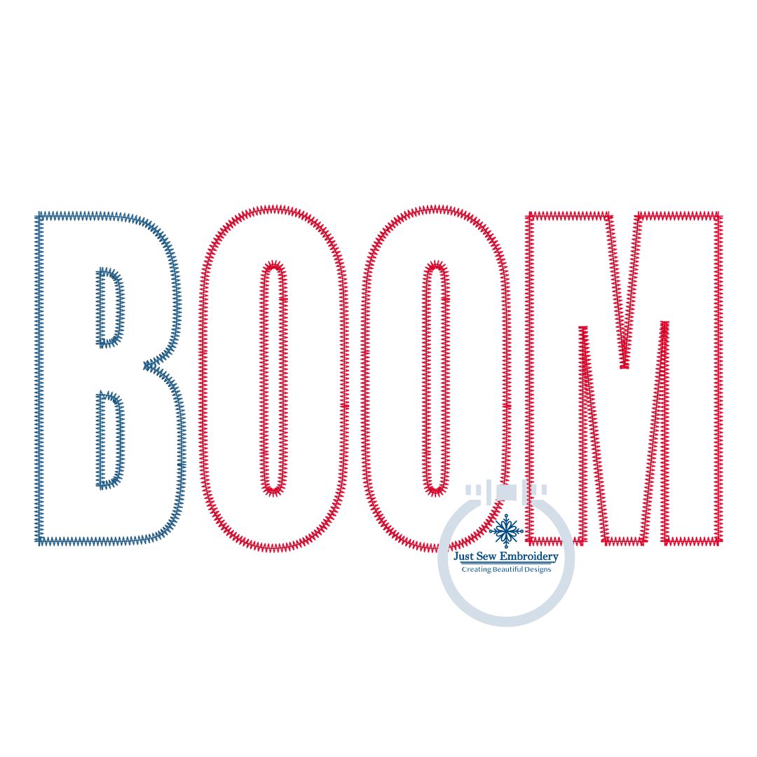 BOOM Applique Embroidery Embroidery Two Finishing Stitches Raggy, ZigZag Stitch USA July 4th Independence Day