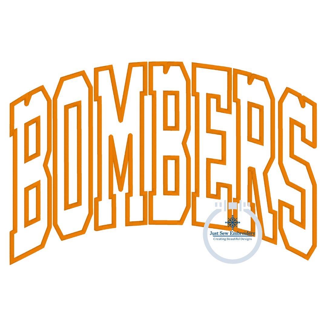 BOMBERS Arched Satin Applique Embroidery Design Machine Embroidery Four Sizes 8x8, 6x10, 7x12 and 8x12 Hoop