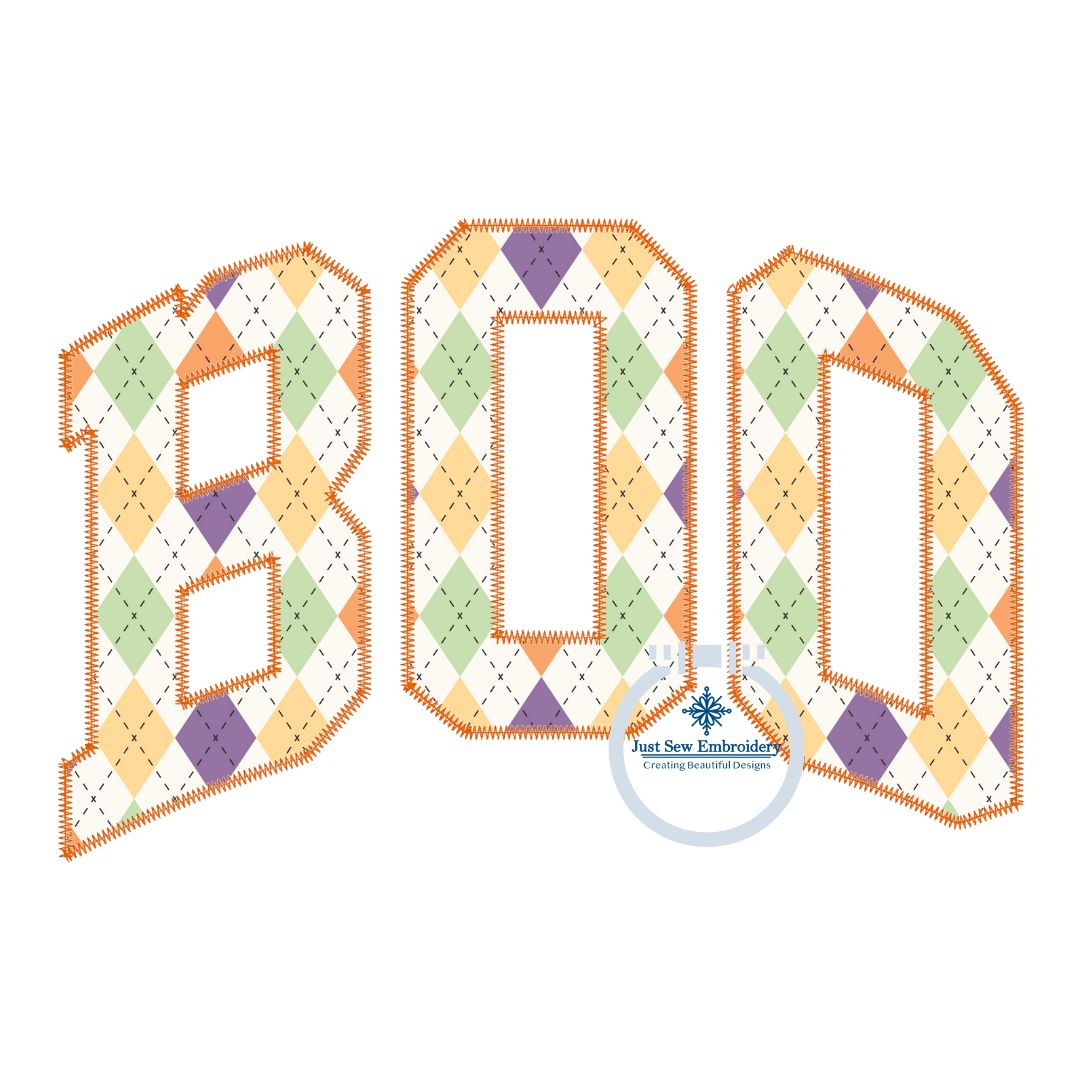 BOO Arched Zigzag Applique Machine Embroidery Design Six Sizes 5x7, 8x8, 9x9, 6x10, 7x12, and 8x12 Hoop