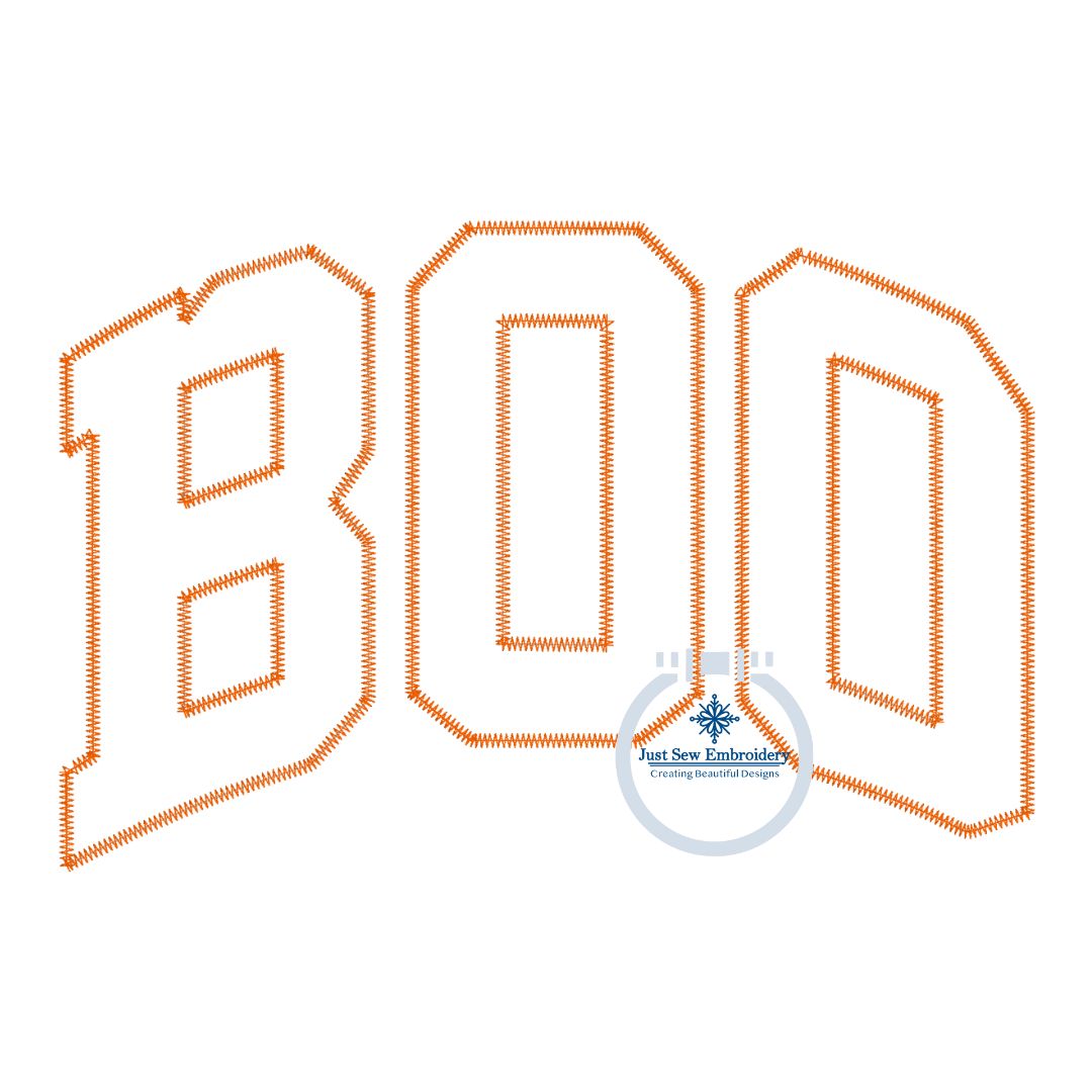 BOO Arched Zigzag Applique Machine Embroidery Design Six Sizes 5x7, 8x8, 9x9, 6x10, 7x12, and 8x12 Hoop